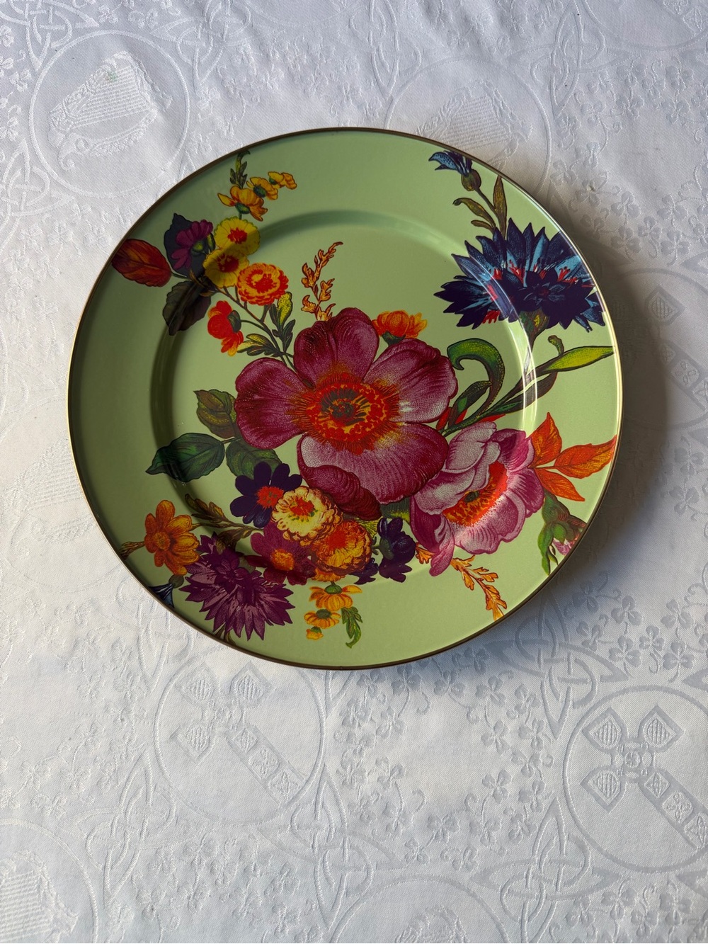 MacKenzie-Childs Green Flower Market Dinner Plate with Multicolor Blooms